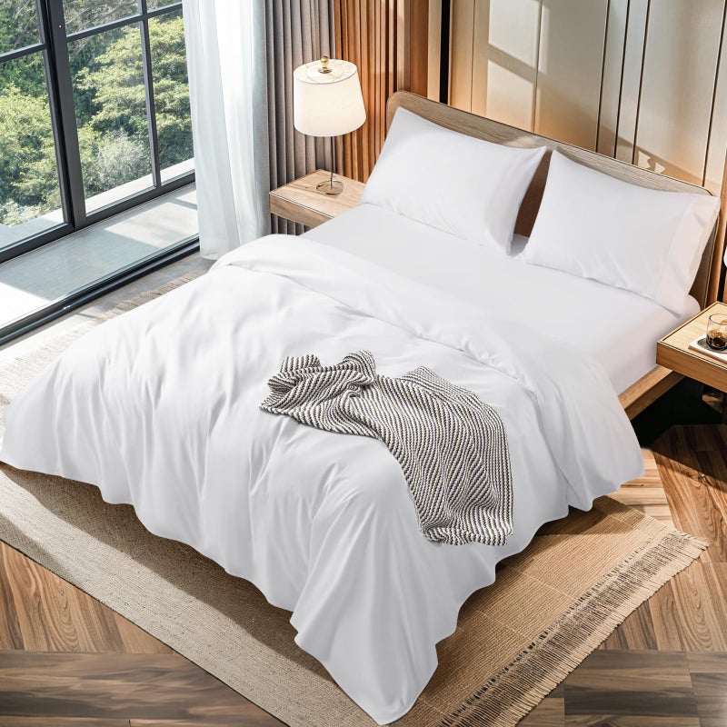 LBRO2M 100% Cotton 1200 Thread Count Queen Size Sheets Set 16 inches Deep Pocket Bed Sheet 4 Piece Sets (White  Queen) - Image 1